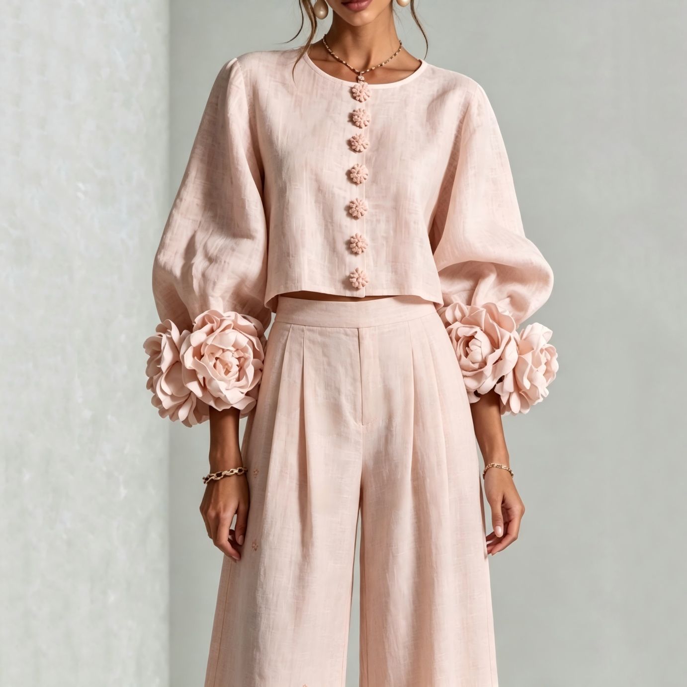 Crop Blouse Linen - Women Linen Cropped Top Two‑Piece Set