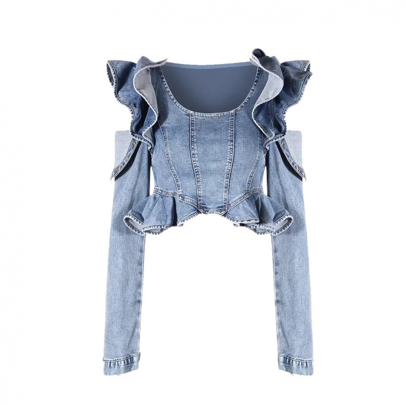 Crop Blouse Linen - Sexy Off Shoulder Ruffle Denim Blouse