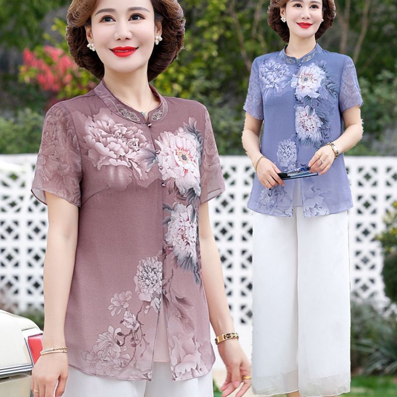 Summer Clothing For Women Over 60 - Elegant Chiffon Shirt Set for Middle-Aged