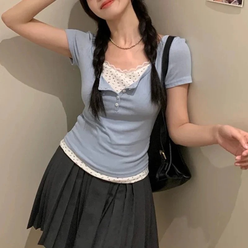 Crop Blouse Linen - Women Sweet Lace Trim Ribbed Knit