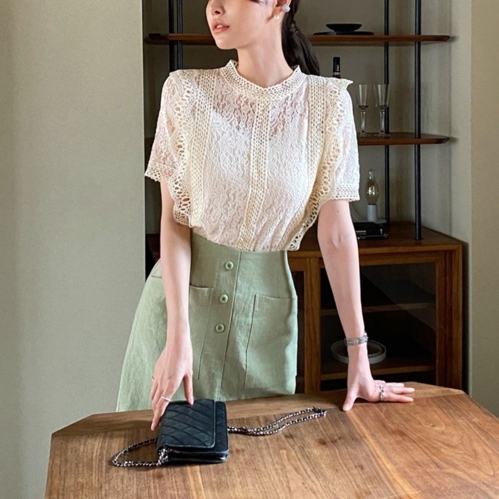Crop Blouse Linen - Elegant Sweet Short Sleeve Lace Shirts