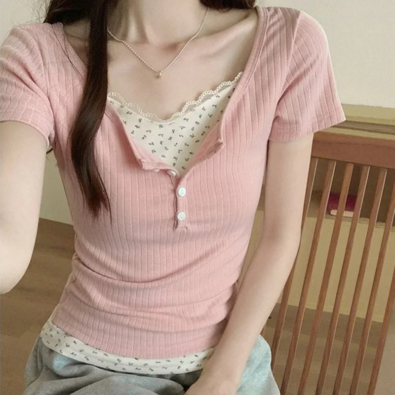 Women Sweet Lace Trim Ribbed K - огляд і ціна Crop Blouse Linen